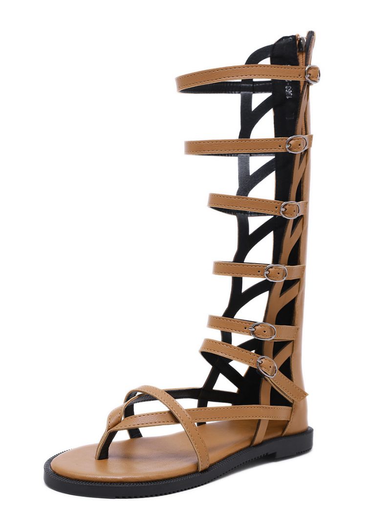 Damen-gladiatorsandalen Buckles Mid Caif Aus Schwarzem Veganem Leder - Kaffeebraun