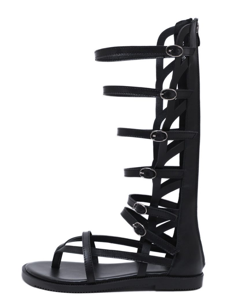 Damen-gladiatorsandalen Buckles Mid Caif Aus Schwarzem Veganem Leder - Schwarz