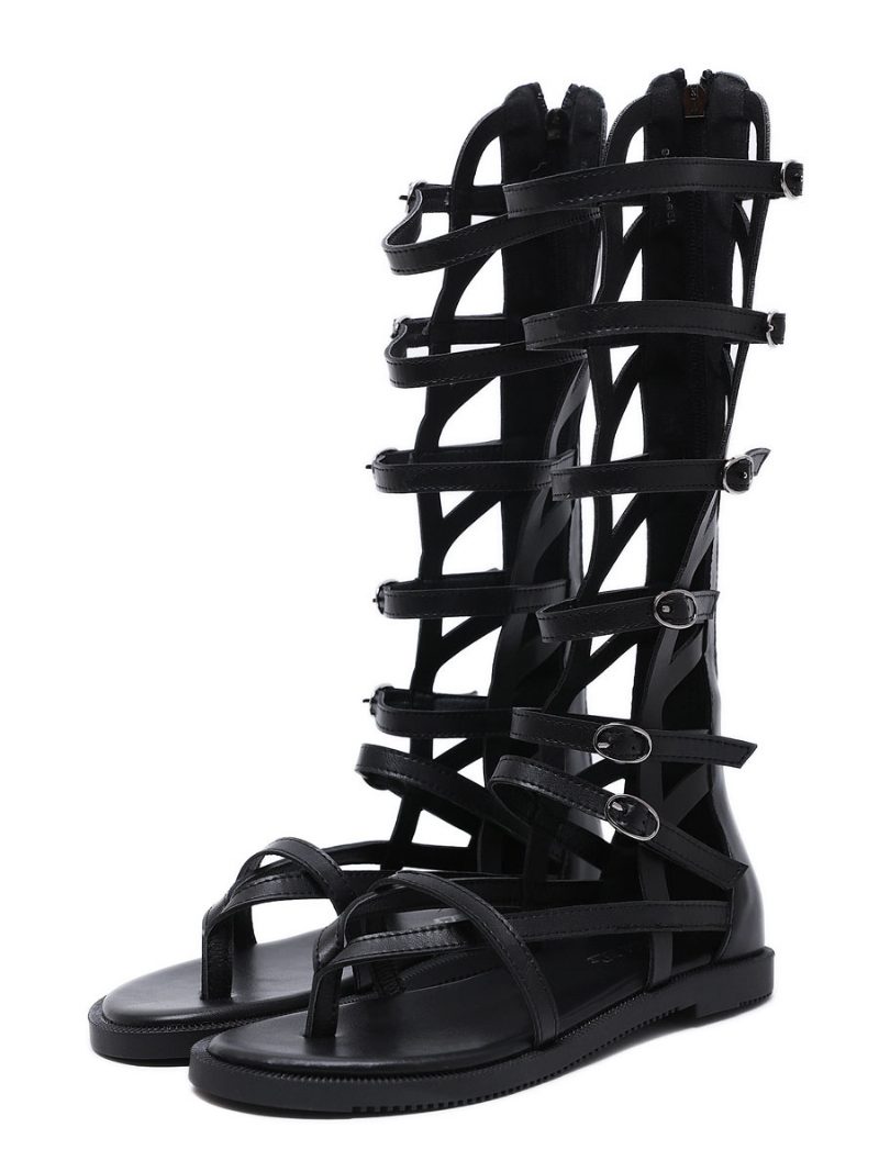 Damen-gladiatorsandalen Buckles Mid Caif Aus Schwarzem Veganem Leder - Schwarz