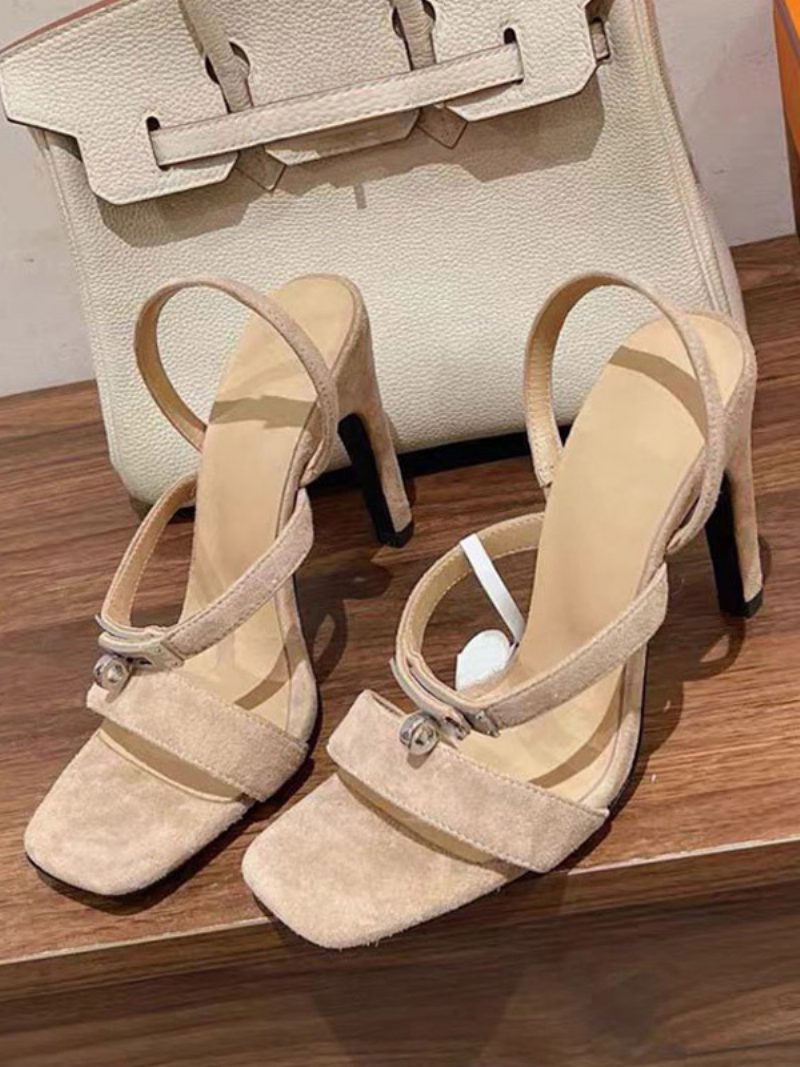 Damen-sandalen Aus Wildleder Mit Hohem Absatz Eckige Zehenpartie Schnallendetail Riemchensandalen