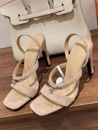 Damen-sandalen Aus Wildleder Mit Hohem Absatz Eckige Zehenpartie Schnallendetail Riemchensandalen