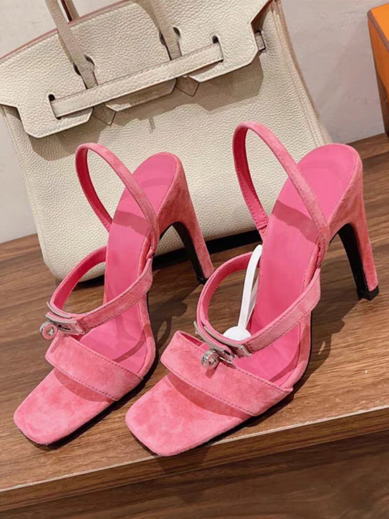 Damen-sandalen Aus Wildleder Mit Hohem Absatz Eckige Zehenpartie Schnallendetail Riemchensandalen - Rose