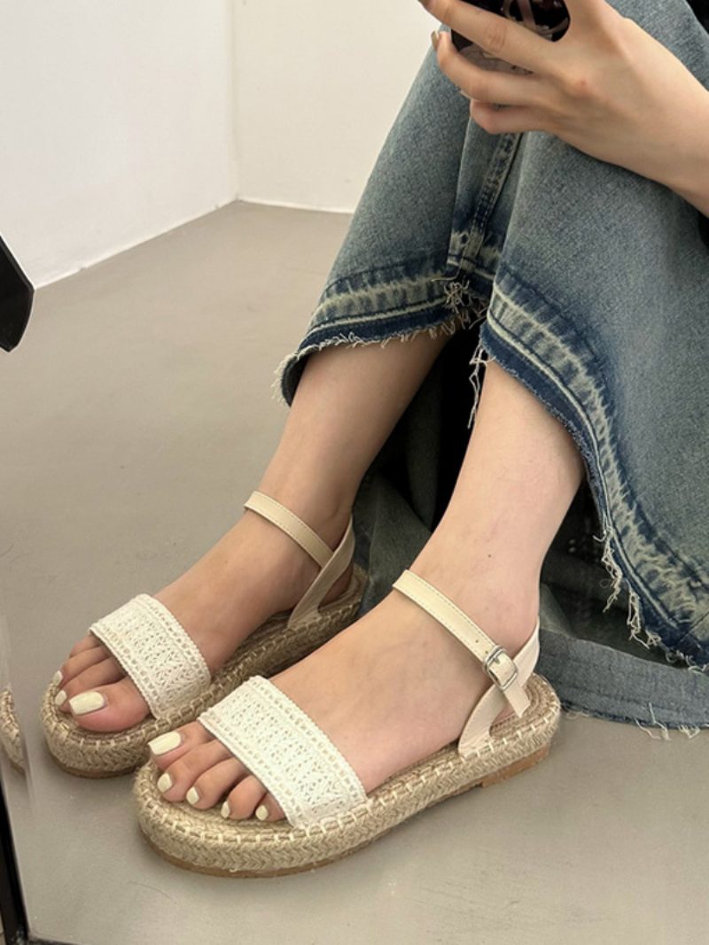 Damen-sandalen Gehäkelt Flach Strickwolle Offener Zehenbereich - Beige