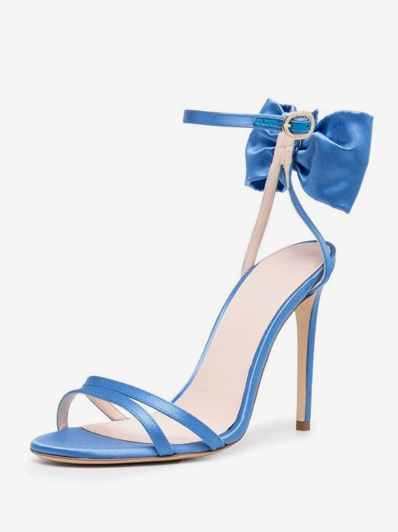 Damen-sandalen Mit Absatz Blauer Satin Offene Zehenpartie Schleife Stiletto-absatz Abschlussballschuhe