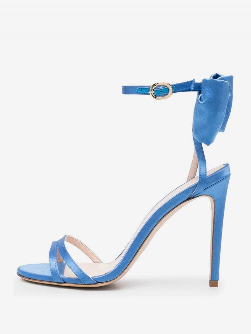 Damen-sandalen Mit Absatz Blauer Satin Offene Zehenpartie Schleife Stiletto-absatz Abschlussballschuhe - Blau