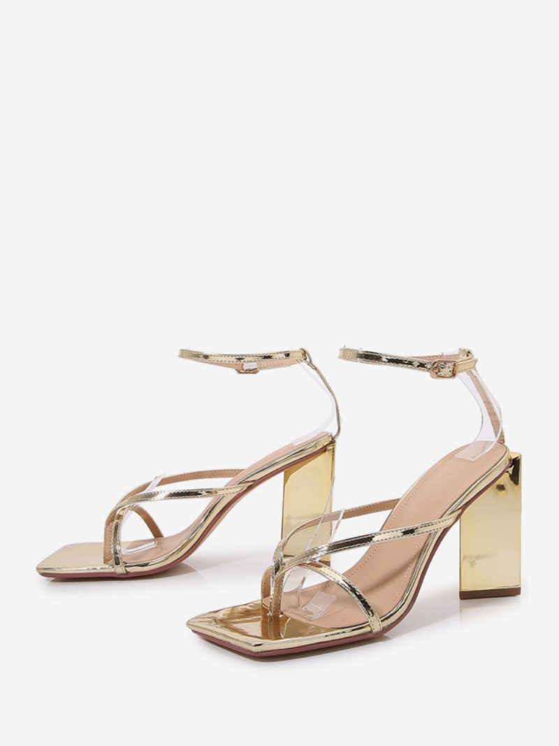 Damen-sandalen Mit Absatz Goldfarbene Sandalen Eckigem Zehenbereich Und Blockabsatz - Gold