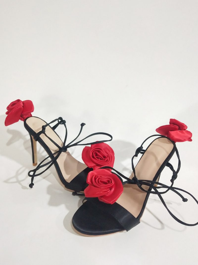 Damen-sandalen Mit Absatz Satin Blumen-detail Schnürung Hoher Party-schuhe - Schwarzrot