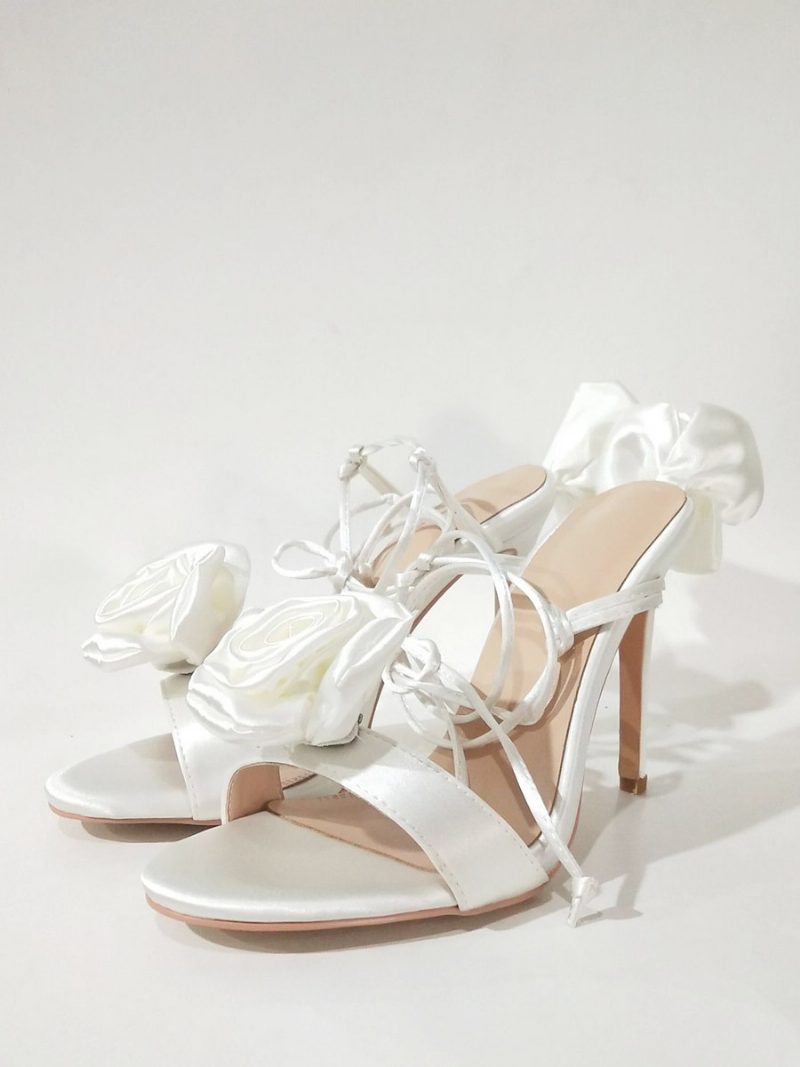 Damen-sandalen Mit Absatz Satin Blumen-detail Schnürung Hoher Party-schuhe - Weiß