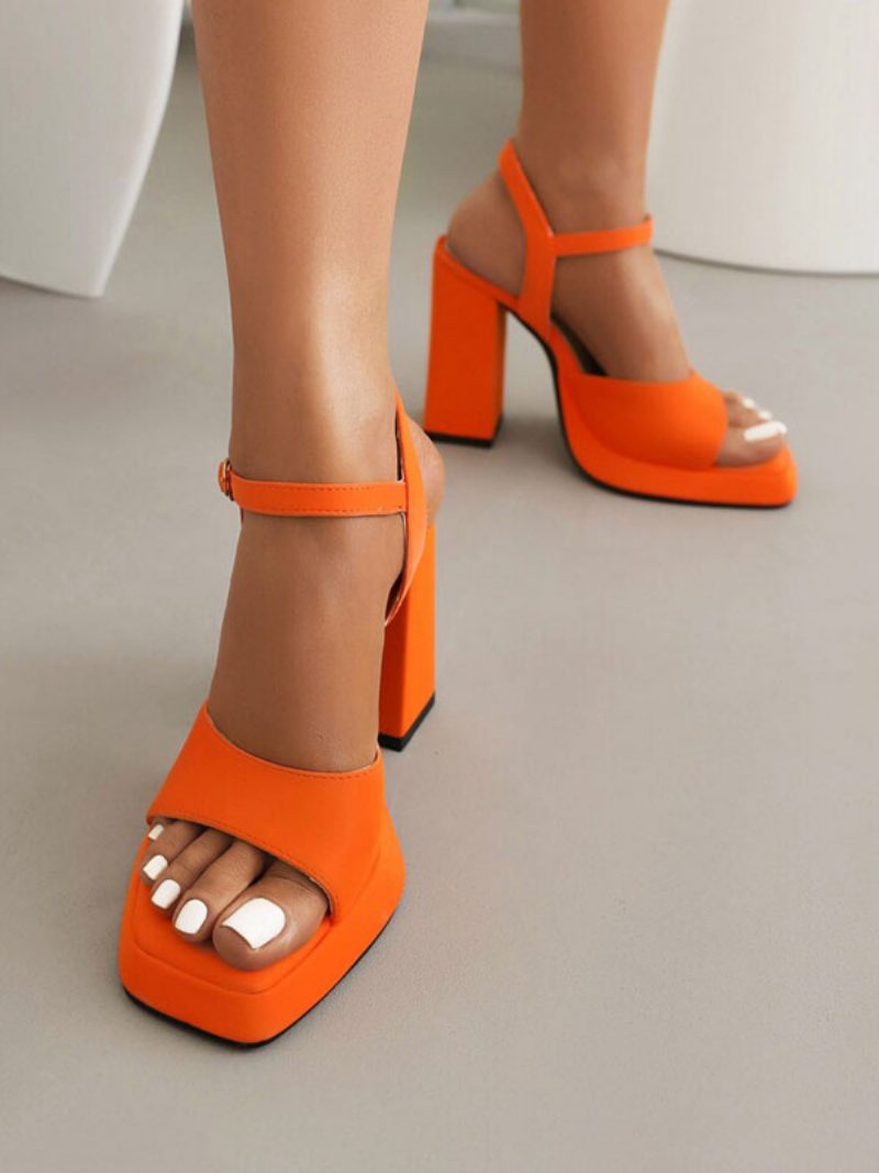 Damen-sandalen Mit Blockabsatz Eckiger Zehenpartie Schnallendetail High-heel-sandalen - Orange