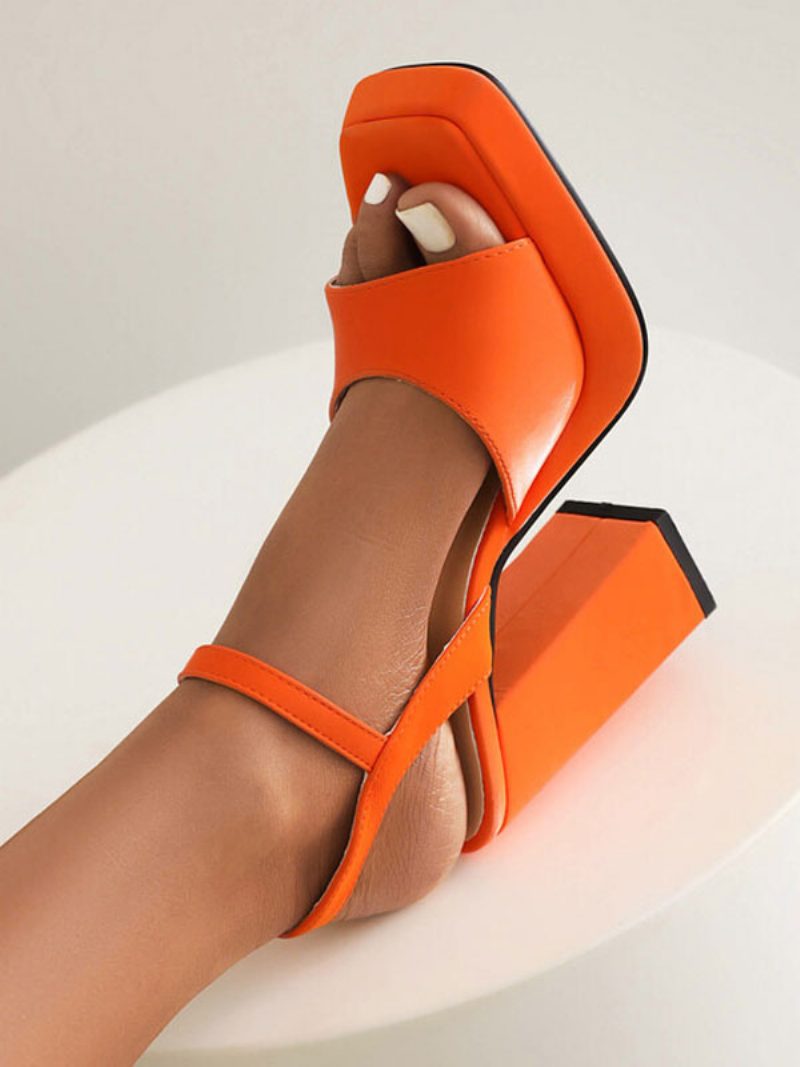 Damen-sandalen Mit Blockabsatz Eckiger Zehenpartie Schnallendetail High-heel-sandalen - Orange