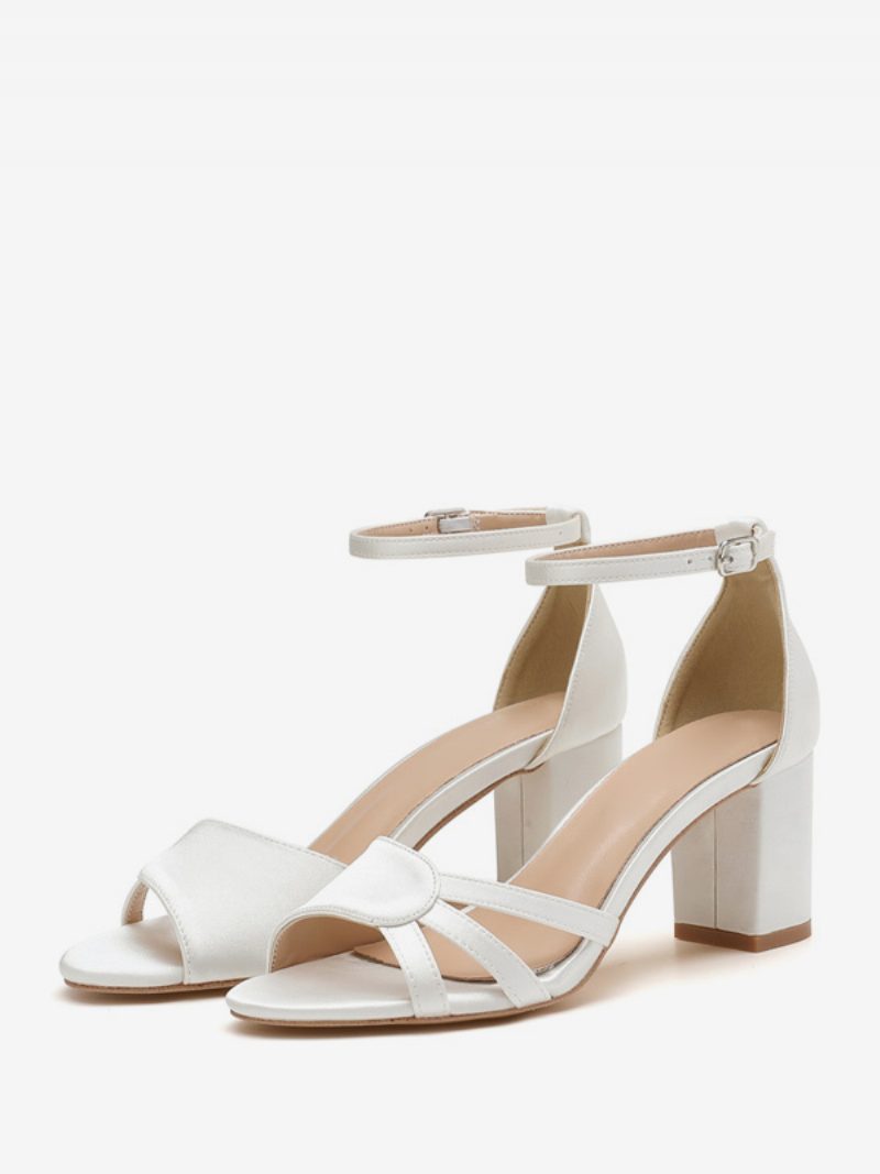 Damen-sandalen Mit Blockabsatz Satin Offener Zehenbereich Knöchelriemen Pumps Brautjungfernschuhe - Elfenbein