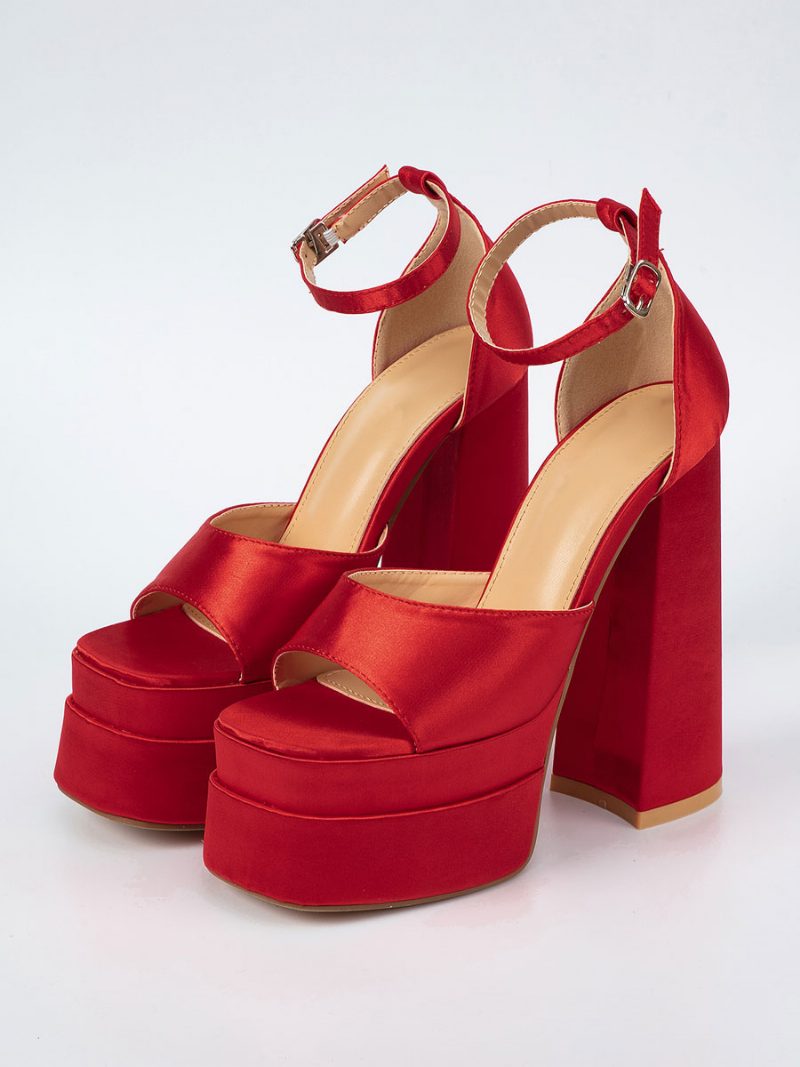 Damen-sandalen Mit Blockabsatz Satin Quadratische Zehenpartie Knöchelriemen High-heel-sandalen - Rot