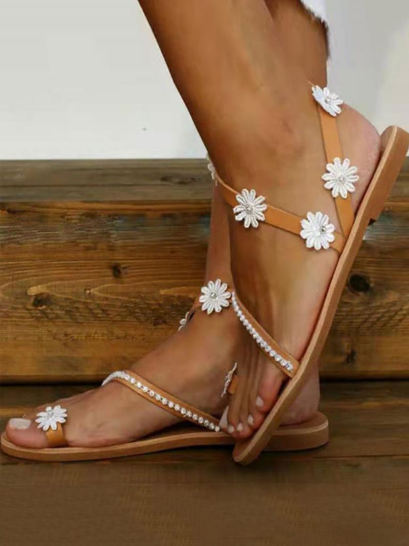 Damen-sandalen Mit Blumenmuster Flach Für Den Strand Hochzeit Boho - Kaffeebraun