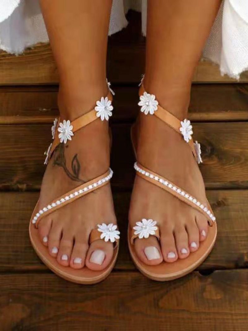 Damen-sandalen Mit Blumenmuster Flach Für Den Strand Hochzeit Boho - Kaffeebraun