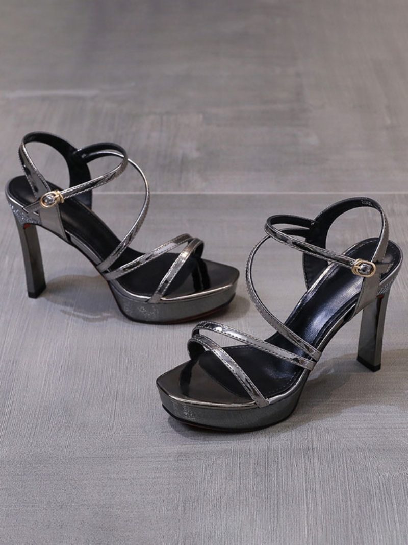 Damen-sandalen Mit Eckigem Zehenbereich Klobiger Absatz Lack-pu-obermaterial - Tiefgrau