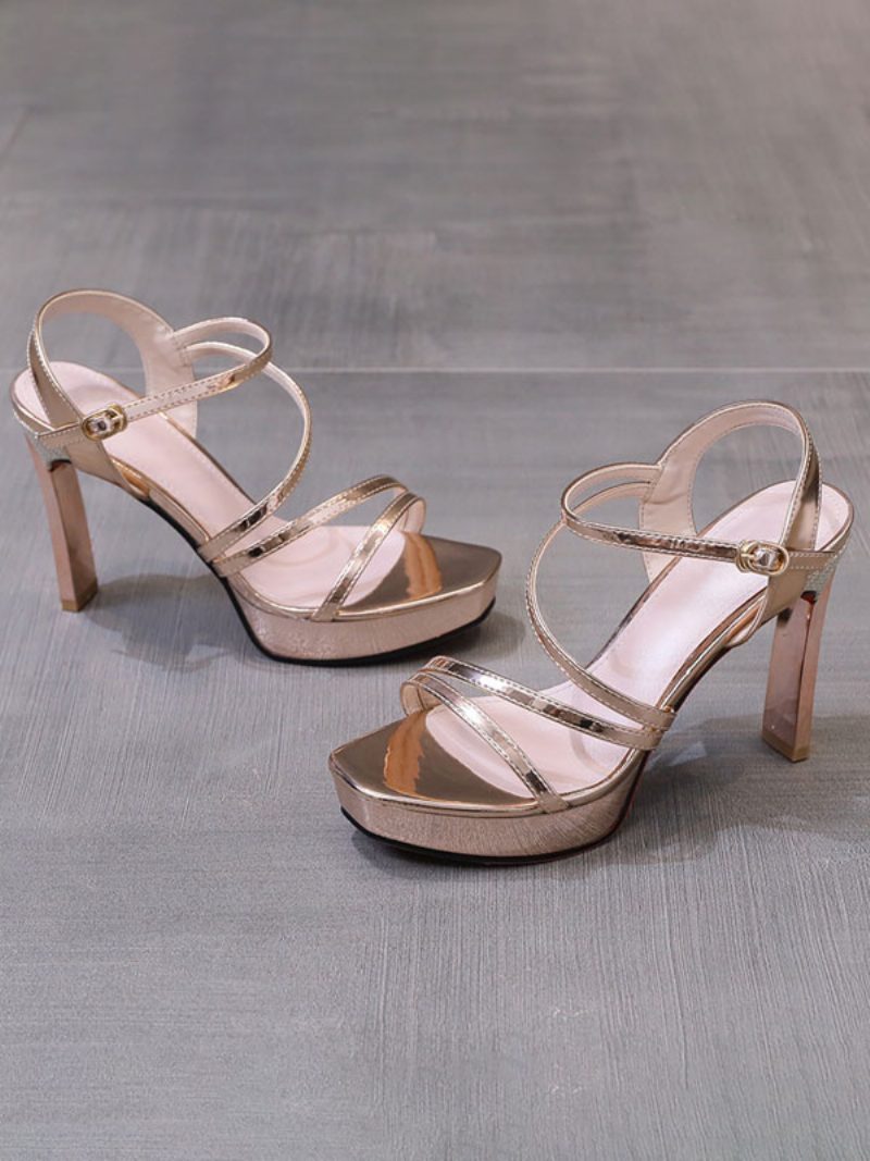 Damen-sandalen Mit Eckigem Zehenbereich Klobiger Absatz Lack-pu-obermaterial - Champagner