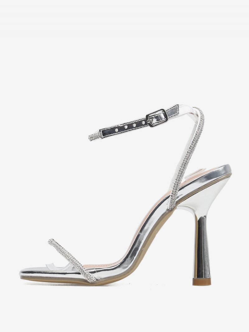 Damen-sandalen Mit Eckigem Zehenbereich Stiletto-absatz Aus Lackleder - Silber