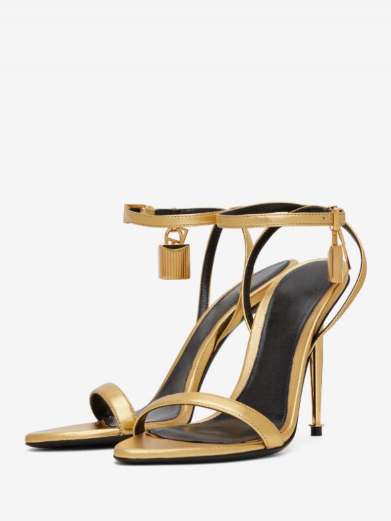 Damen-sandalen Mit Knöchelriemen Stiletto-absatz Goldene Ballschuhe Schloss - Gold