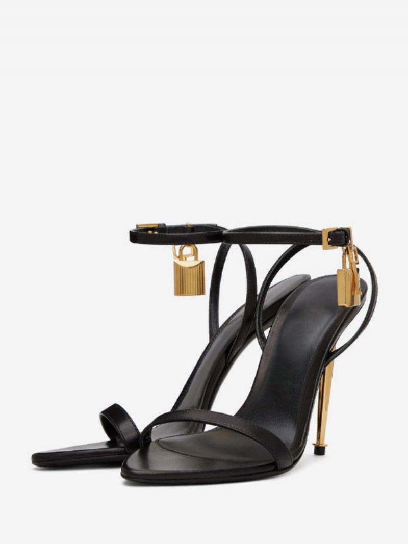 Damen-sandalen Mit Knöchelriemen Stiletto-absatz Goldene Ballschuhe Schloss - Schwarz