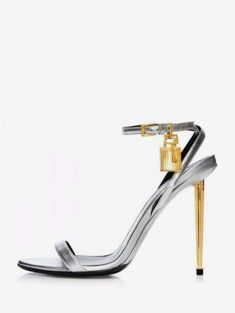 Damen-sandalen Mit Knöchelriemen Stiletto-absatz Goldene Ballschuhe Schloss - Silber