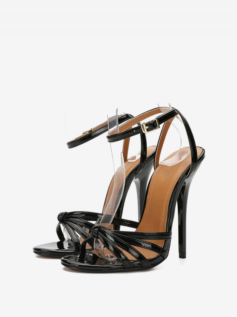 Damen-sandalen Mit Knöchelriemen Und Stiletto-ballabsatz Schwarz - Schwarz