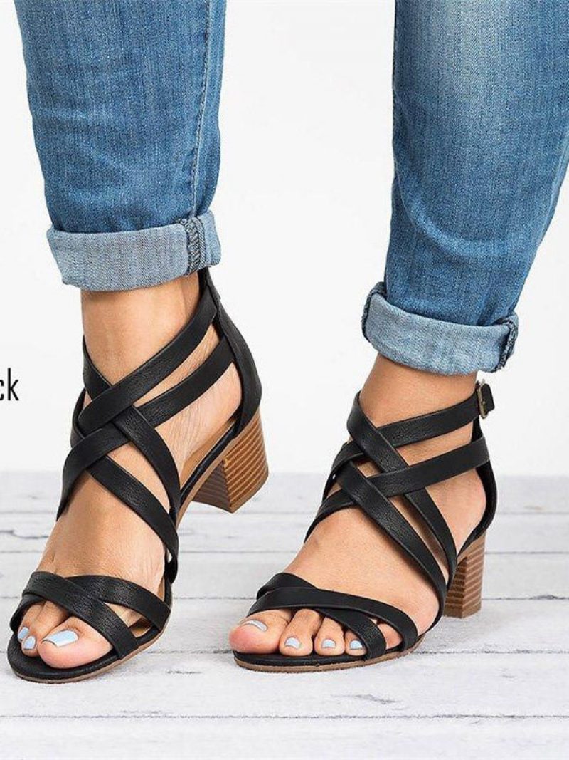 Damen-sandalen Mit Offenem Zehenbereich Klobiger Absatz Kunstleder