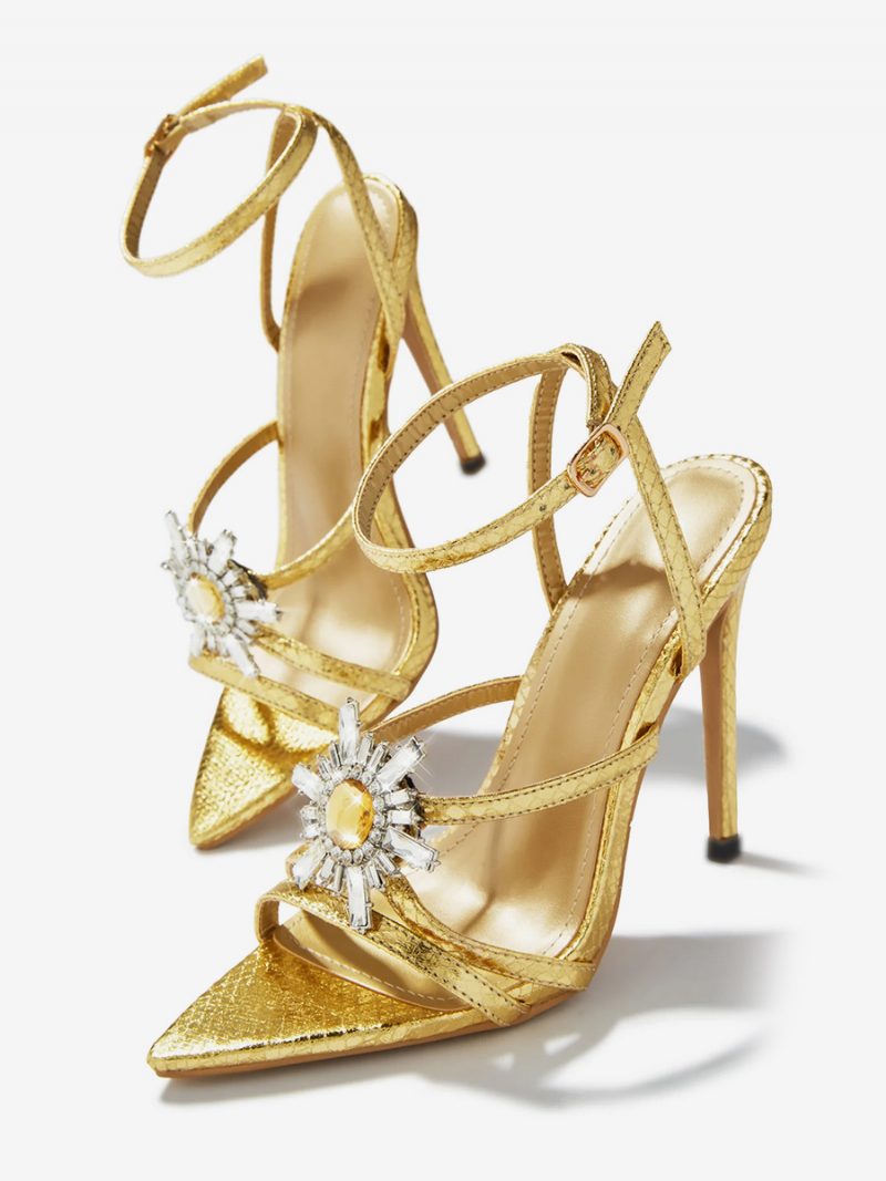 Damen-sandalen Mit Offenem Zehenbereich Strasssteinen Riemchen-sandalen Hohem Absatz - Gold