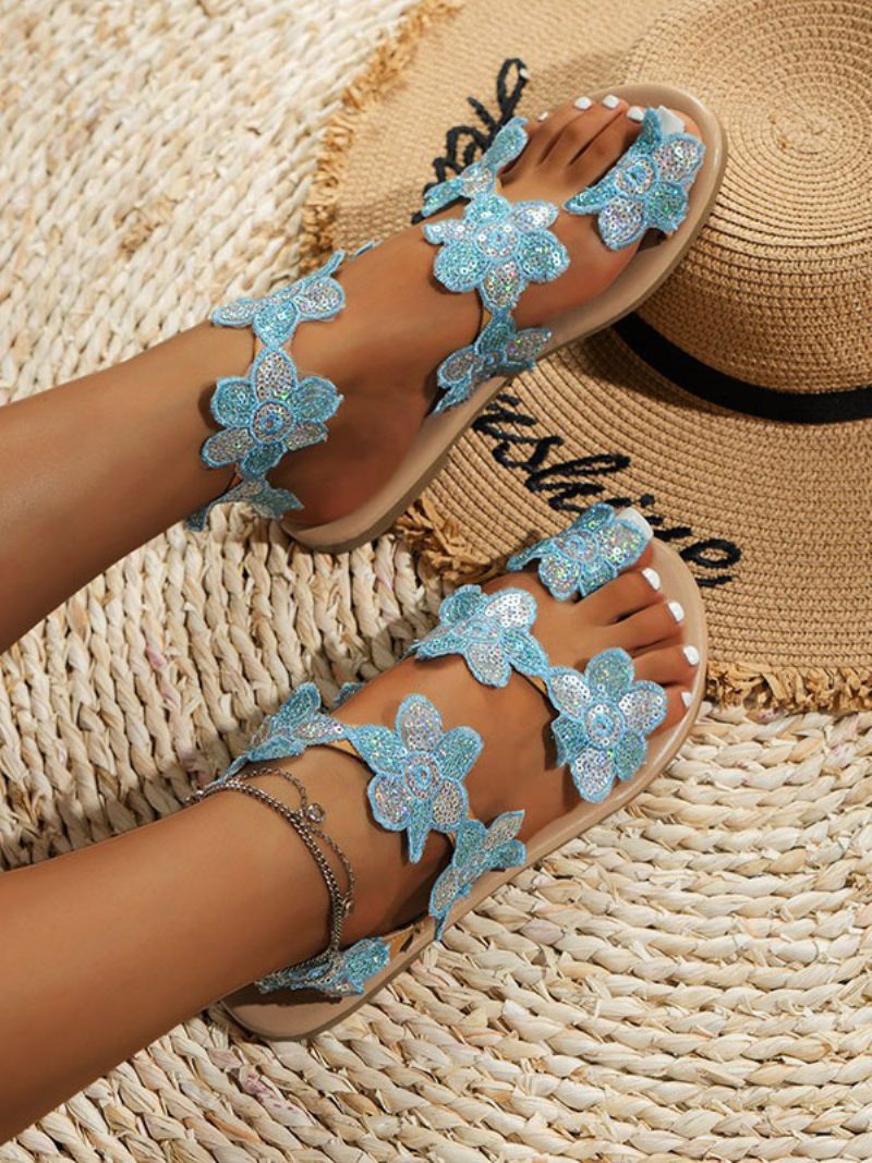 Damen-sandalen Mit Offener Spitze Und Blumenspitze Flach - Helles Himmelblau