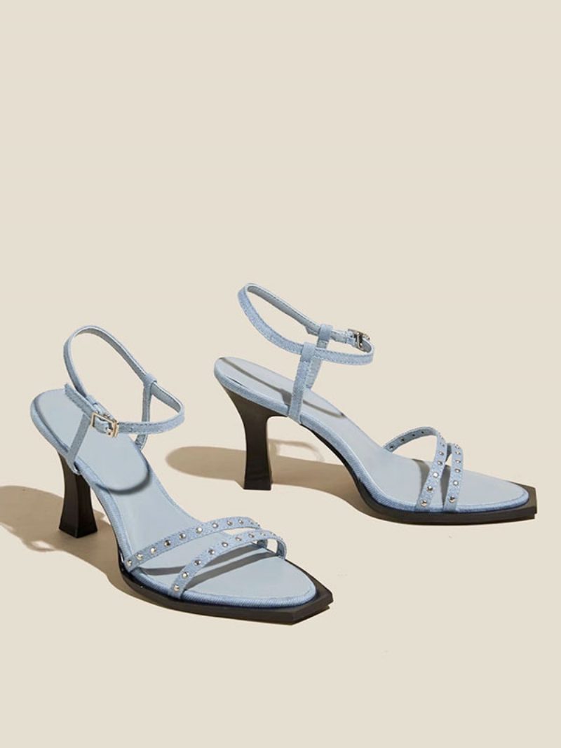 Damen-sandalen Mit Quadratischem Zehenbereich Blockabsatz Und Textil-sandalen - Blau