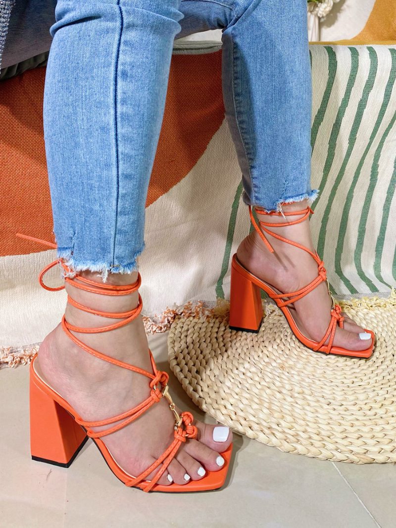 Damen-sandalen Mit Quadratischem Zehenbereich Klobiger Absatz Pu-leder - Orange