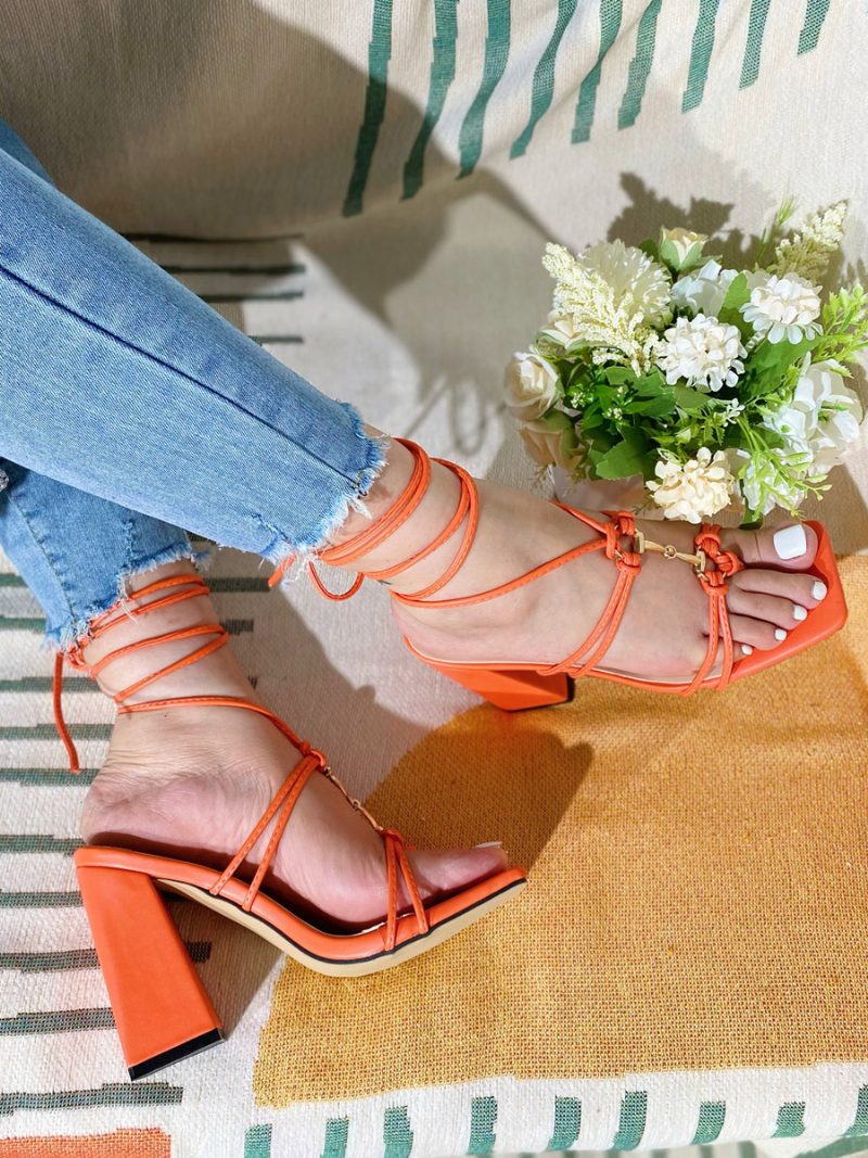 Damen-sandalen Mit Quadratischem Zehenbereich Klobiger Absatz Pu-leder - Orange