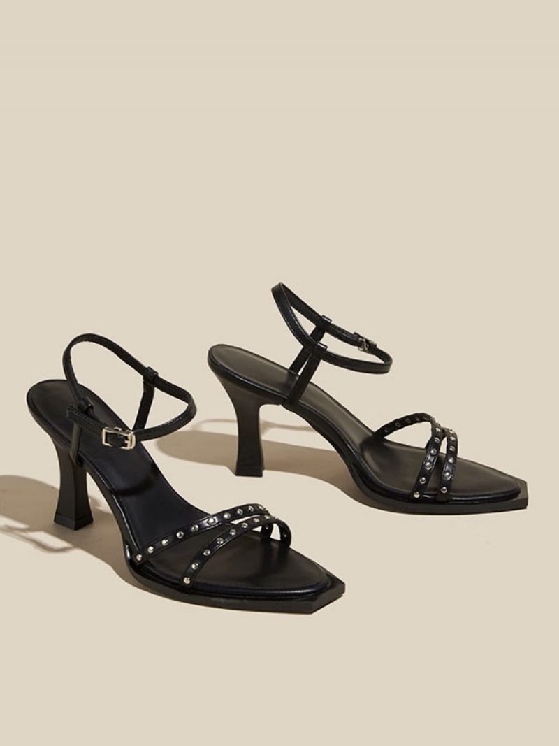 Damen-sandalen Mit Quadratischem Zehenbereich Und Klobigem Absatz Aus Pu-leder - Schwarz