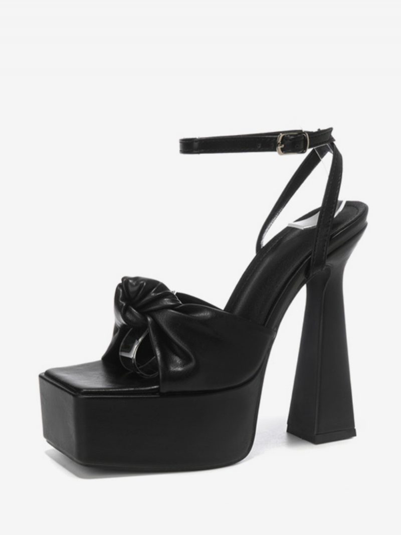 Damen-sandalen Mit Quadratischem Zehenbereich Und Klobigem Absatz Pu-leder - Schwarz