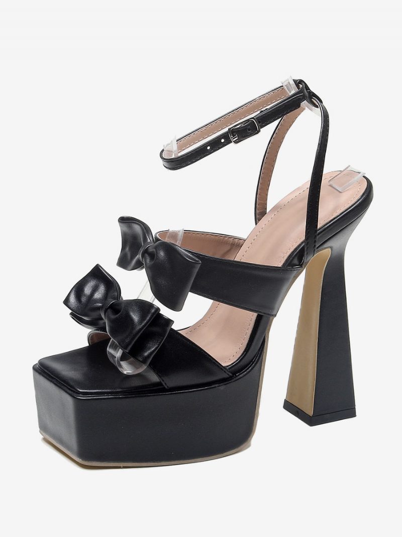 Damen-sandalen Mit Quadratischem Zehenbereich Und Klobigem Absatz Pu-leder - Schwarz