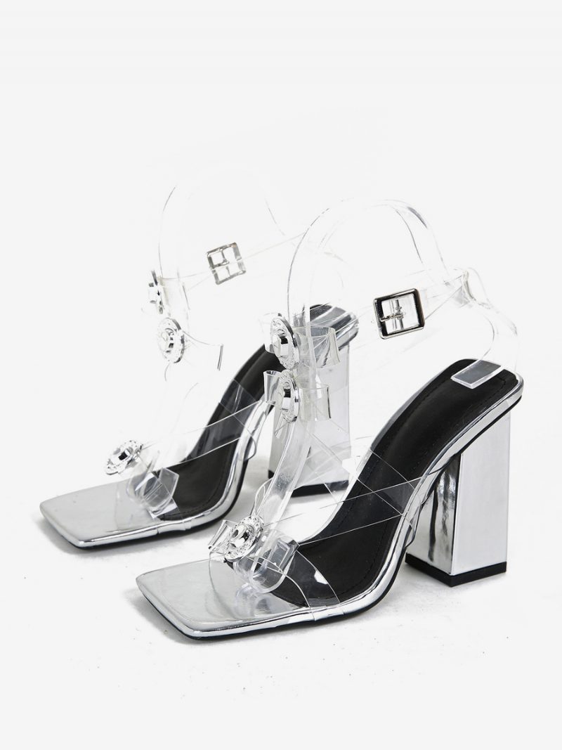 Damen-sandalen Mit Quadratischem Zehenbereich Und Klobigem Absatz Pvc-obermaterial - Silber