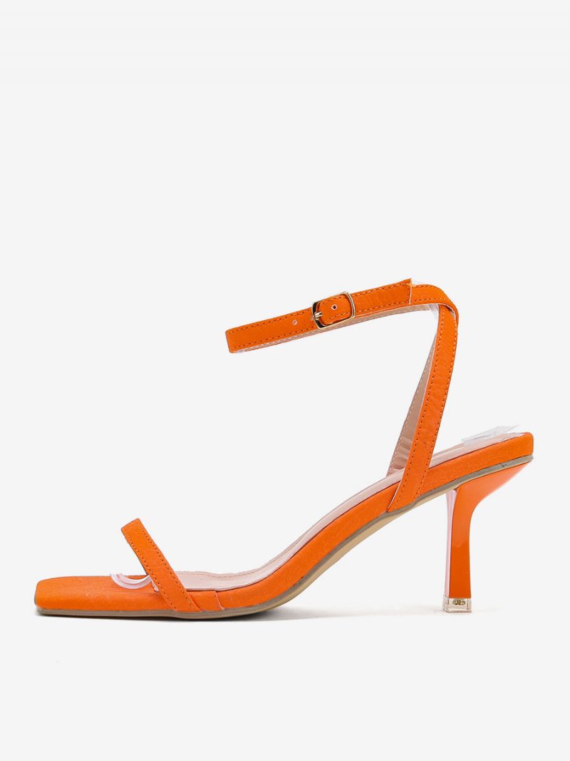 Damen-sandalen Mit Quadratischem Zehenbereich Und Stiletto-absatz Aus Pu-leder - Orange Rot