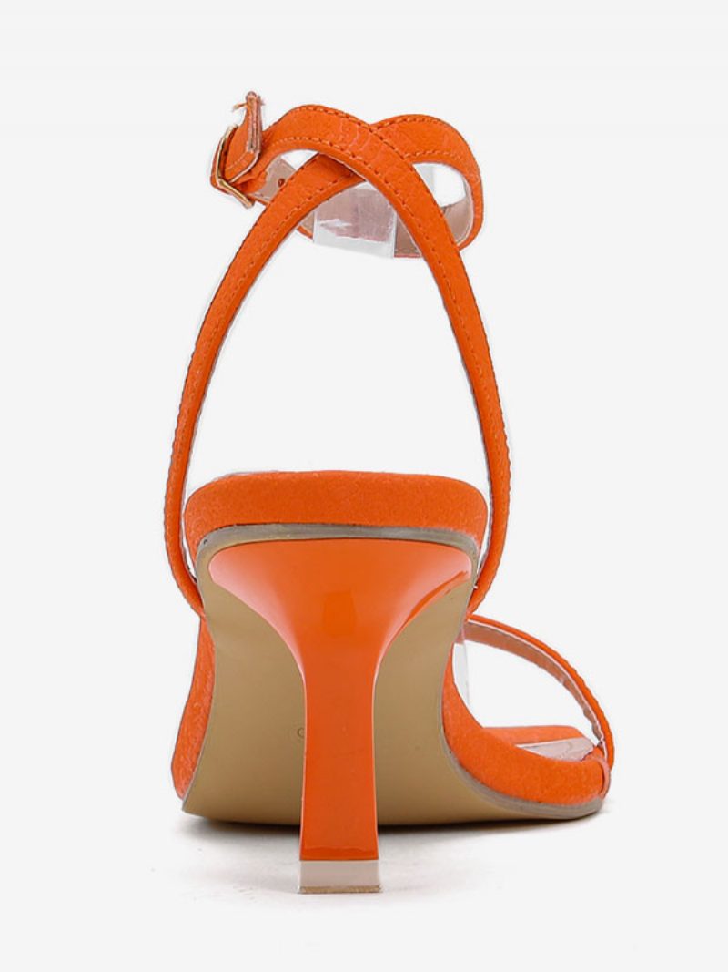 Damen-sandalen Mit Quadratischem Zehenbereich Und Stiletto-absatz Aus Pu-leder - Orange Rot