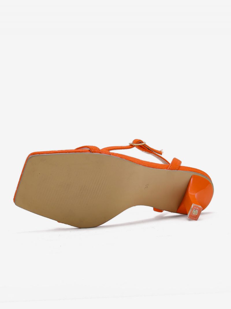 Damen-sandalen Mit Quadratischem Zehenbereich Und Stiletto-absatz Aus Pu-leder - Orange Rot