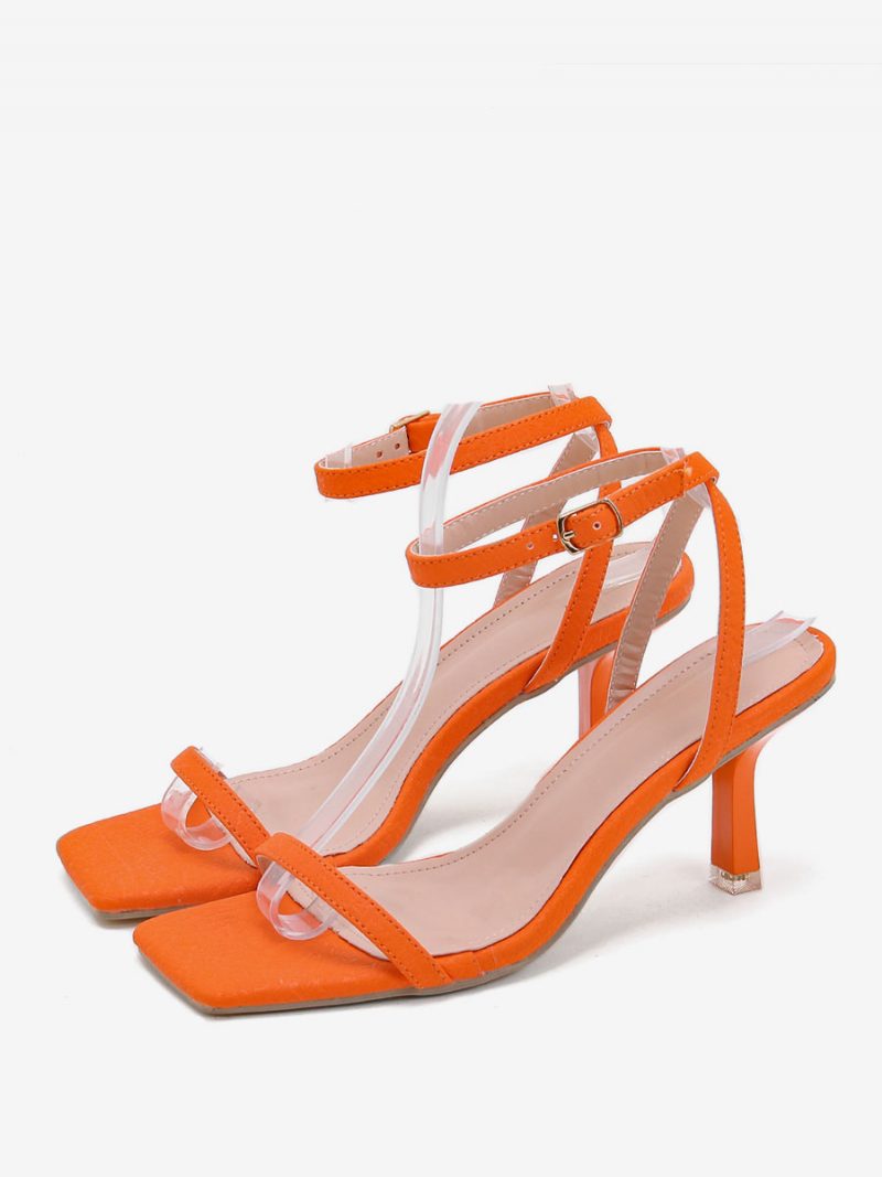 Damen-sandalen Mit Quadratischem Zehenbereich Und Stiletto-absatz Aus Pu-leder - Orange Rot