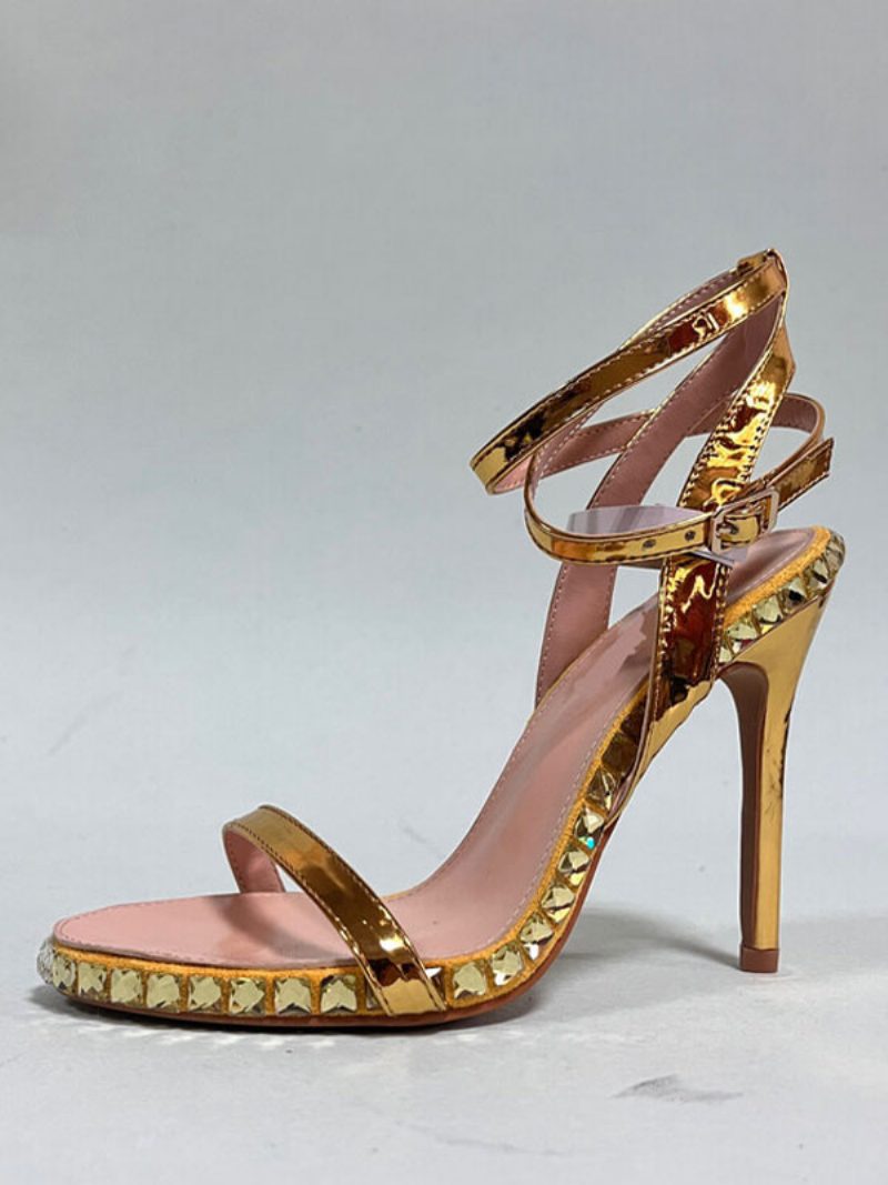 Damen-sandalen Mit Rundem Zehenbereich Und Stiletto-absatz Aus Pu-leder - Gold