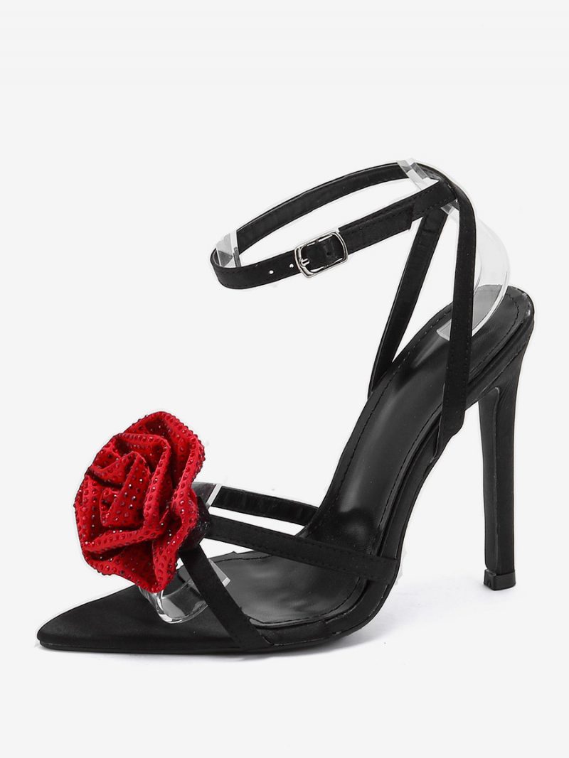 Damen-sandalen Mit Spitzem Zehenbereich Stiletto-absatz Und Textil-sandalen - Schwarz