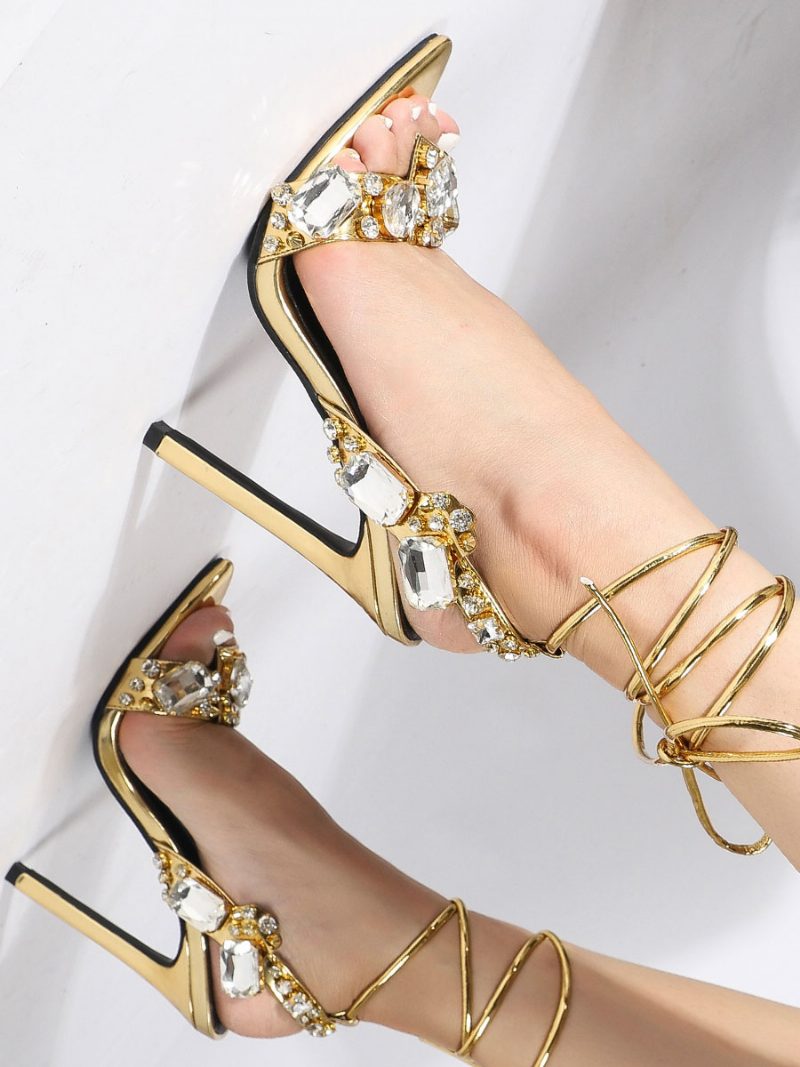 Damen-sandalen Mit Strass-riemchenabsatz - Gold