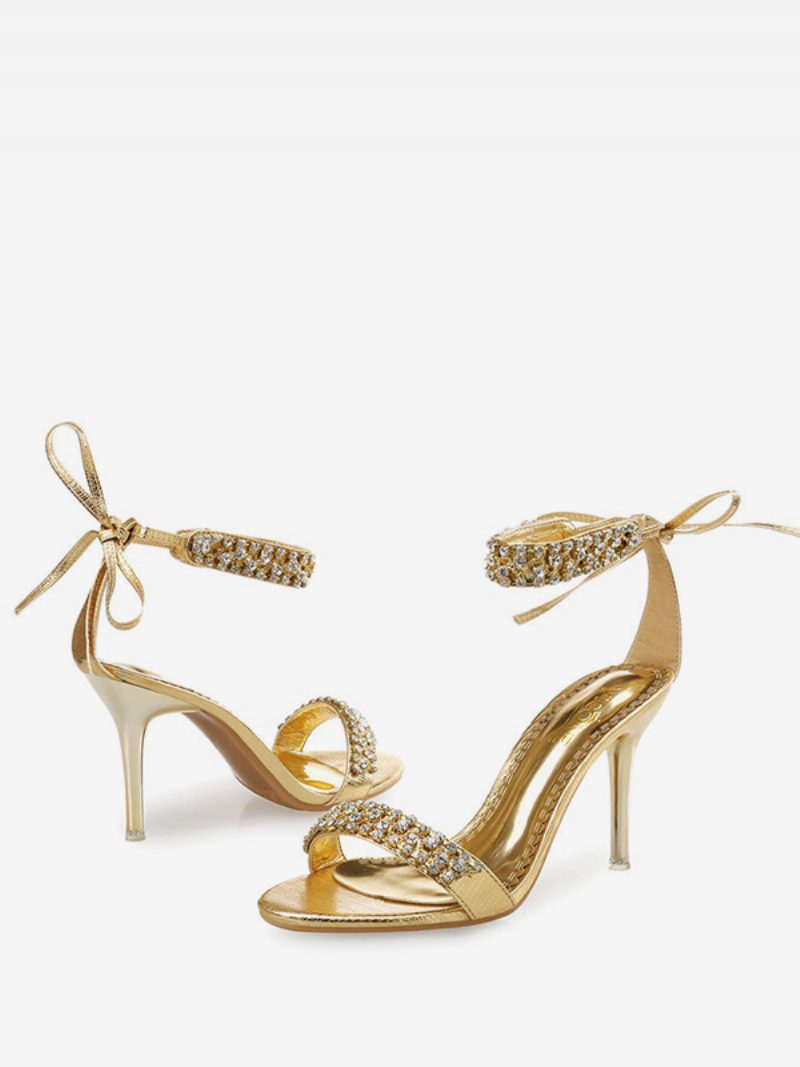 Damen-sandalen Mit Strasssteinen Knöchelriemen Stiletto-absatz - Gold