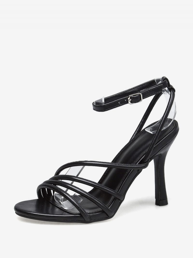 Damen-sandalen Mit Weißem Absatz Runde Zehenpartie Stiletto-absatz Knöchelriemen Brautjungfernschuhe - Schwarz