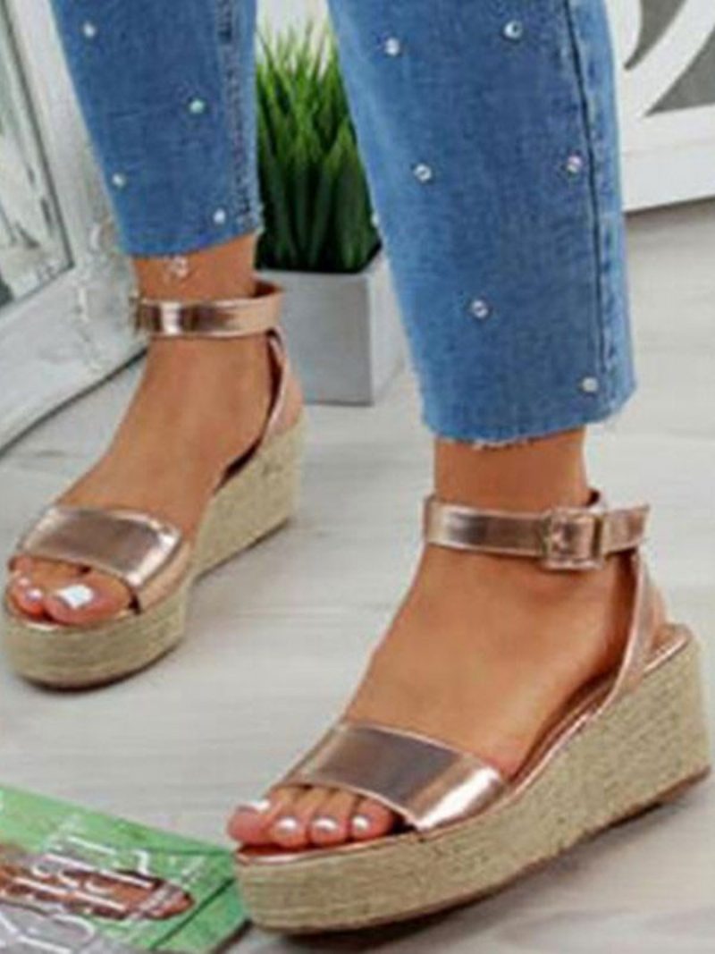 Flache Damen-sandalen Aus Kunstleder Mit Offener Zehenpartie - Gold