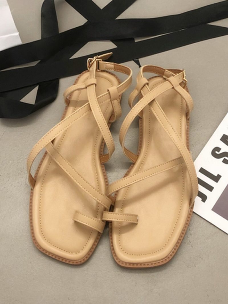 Flache Damen-sandalen Aus Pu-leder Mit Überkreuzten Zehen Und Quadratischer Zehenpartie - Khaki