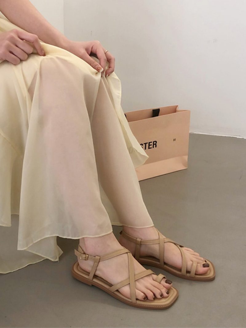 Flache Damen-sandalen Aus Pu-leder Mit Überkreuzten Zehen Und Quadratischer Zehenpartie - Khaki