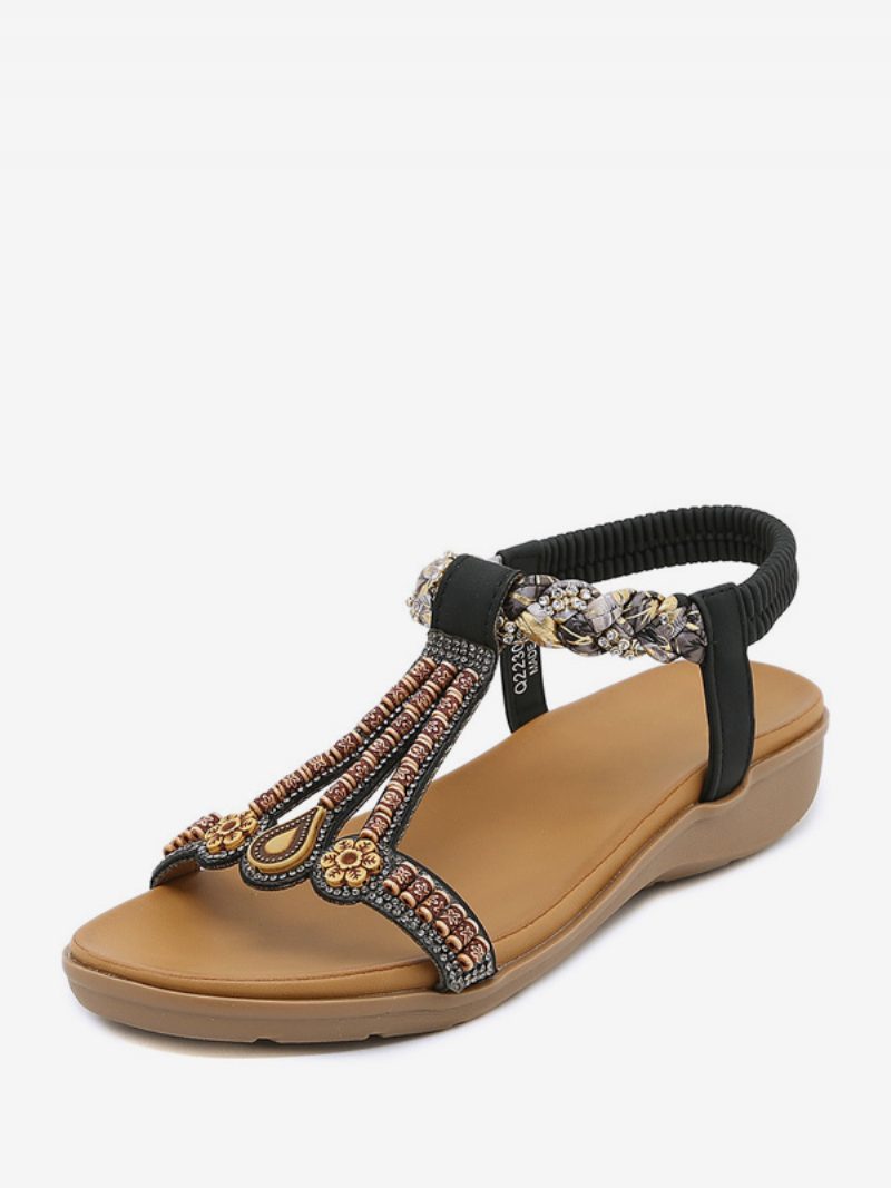 Flache Damen-sandalen Flach Offener Zehenbereich Pu-leder Nieten T-riemen Lässige Slipper-sandalen - Schwarz