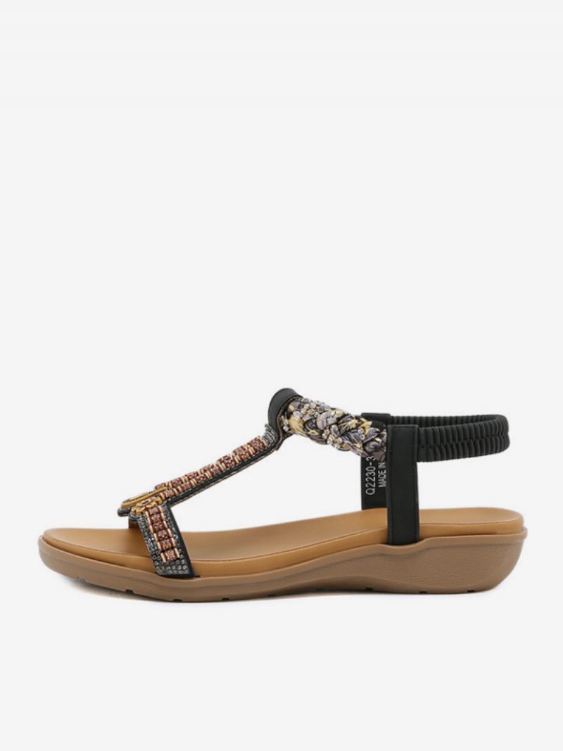 Flache Damen-sandalen Flach Offener Zehenbereich Pu-leder Nieten T-riemen Lässige Slipper-sandalen - Schwarz