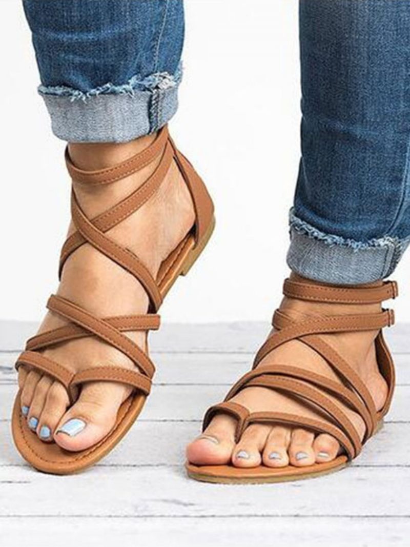 Flache Damen-sandalen Schicke Offene Zehensteg-tanga-sandalen Aus Kunstleder - Kaffeebraun